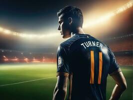 Soccer player wearing in uniform on backdrop lstadium AI Generated photo