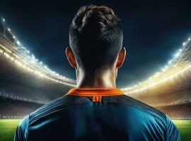 Soccer player wearing in uniform on backdrop lstadium AI Generated photo