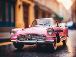 Pink retro car on vintage street background AI Generated photo