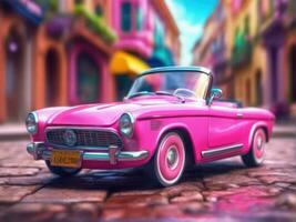 Pink retro car on vintage street background AI Generated photo