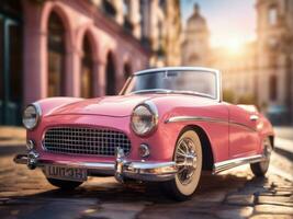 Pink retro car on vintage street background AI Generated photo