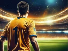 Soccer player wearing in uniform on backdrop lstadium AI Generated photo
