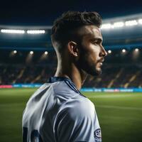 fútbol jugador vistiendo en uniforme en fondo estadio ai generado foto