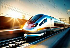 photo of high speed modern commuter train, motion blur AI Generated