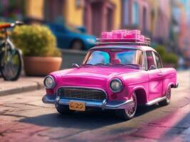 Pink retro car on vintage street background AI Generated photo