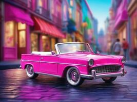 Pink retro car on vintage street background AI Generated photo