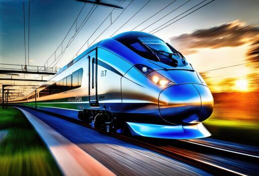 photo of high speed modern commuter train, motion blur AI Generated