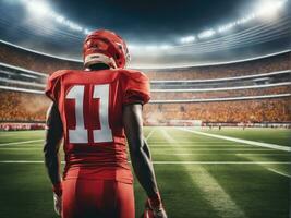 American football player wearing in uniform on backdrop stadium AI Generated photo