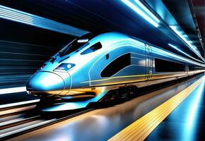 photo of high speed modern commuter train, motion blur AI Generated