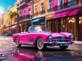 Pink retro car on vintage street background AI Generated photo