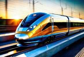 photo of high speed modern commuter train, motion blur AI Generated