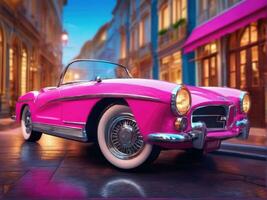 Pink retro car on vintage street background AI Generated photo