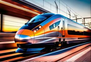 photo of high speed modern commuter train, motion blur AI Generated