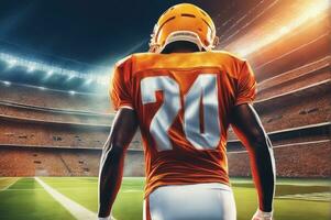 American football player wearing in uniform on backdrop stadium AI Generated photo