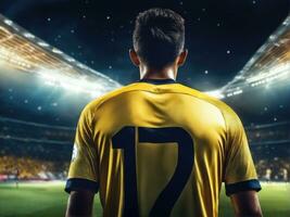 Soccer player wearing in uniform on backdrop lstadium AI Generated photo