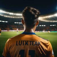 fútbol jugador vistiendo en uniforme en fondo estadio ai generado foto