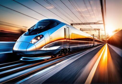 photo of high speed modern commuter train, motion blur AI Generated