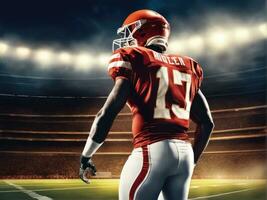 American football player wearing in uniform on backdrop stadium AI Generated photo