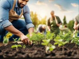 People hand helping plant the tree working together in farm concept AI Generated photo