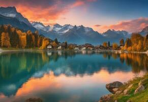 fantástico noche montaña paisaje, pintoresco otoño puesta de sol en suizo Alpes ai generado foto