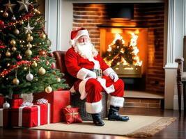 Santa Claus in a beautiful room next to the fireplace and Christmas tree sits with a sack of gifts AI Generated photo