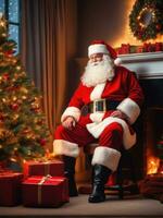 Santa Claus in a beautiful room next to the fireplace and Christmas tree sits with a sack of gifts AI Generated photo