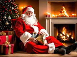 Santa Claus in a beautiful room next to the fireplace and Christmas tree sits with a sack of gifts AI Generated photo