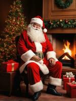 Santa Claus in a beautiful room next to the fireplace and Christmas tree sits with a sack of gifts AI Generated photo