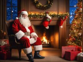Santa Claus in a beautiful room next to the fireplace and Christmas tree sits with a sack of gifts AI Generated photo