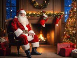 Papa Noel claus en un hermosa habitación siguiente a el hogar y Navidad árbol se sienta con un saco de regalos ai generado foto