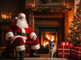 Papa Noel claus en un hermosa habitación siguiente a el hogar y Navidad árbol se sienta con un saco de regalos ai generado foto