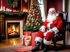 Santa Claus in a beautiful room next to the fireplace and Christmas tree sits with a sack of gifts AI Generated photo