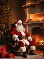 Santa Claus in a beautiful room next to the fireplace and Christmas tree sits with a sack of gifts AI Generated photo