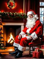 Santa Claus in a beautiful room next to the fireplace and Christmas tree sits with a sack of gifts AI Generated photo