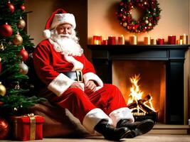 Santa Claus in a beautiful room next to the fireplace and Christmas tree sits with a sack of gifts AI Generated photo