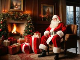 Santa Claus in a beautiful room next to the fireplace and Christmas tree sits with a sack of gifts AI Generated photo