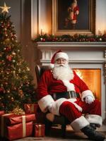 Papa Noel claus en un hermosa habitación siguiente a el hogar y Navidad árbol se sienta con un saco de regalos ai generado foto