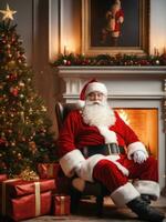 Santa Claus in a beautiful room next to the fireplace and Christmas tree sits with a sack of gifts AI Generated photo