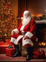 Santa Claus in a beautiful room next to the fireplace and Christmas tree sits with a sack of gifts AI Generated photo