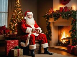 Santa Claus in a beautiful room next to the fireplace and Christmas tree sits with a sack of gifts AI Generated photo