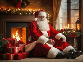 Santa Claus in a beautiful room next to the fireplace and Christmas tree sits with a sack of gifts AI Generated photo