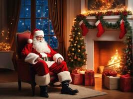 Santa Claus in a beautiful room next to the fireplace and Christmas tree sits with a sack of gifts AI Generated photo