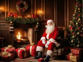 Santa Claus in a beautiful room next to the fireplace and Christmas tree sits with a sack of gifts AI Generated photo