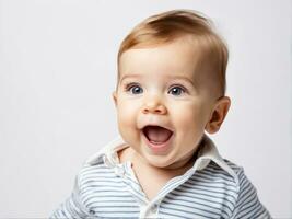 de cerca retrato de gracioso bebé con sorprendido expresión ai generado foto