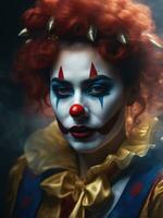 fotografía de un ultra realista mujer payaso en dramático ligero niebla ai generado foto