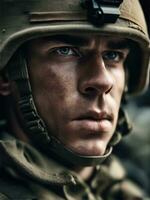 Photography of an ultra realistic Soldier in dramatic light AI Generated photo
