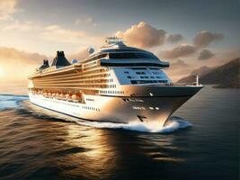 Luxury cruise ship sailing to port At Sunset AI Generated photo
