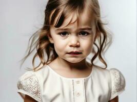 Portrait of young sad offended cries girl child kid on studio background AI Generated photo