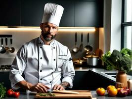 chef posing next to a table in kitchen. Studio photo AI Generated