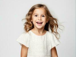 Portrait of young excited shocked crazy smiling girl child kid on white background AI Generated photo